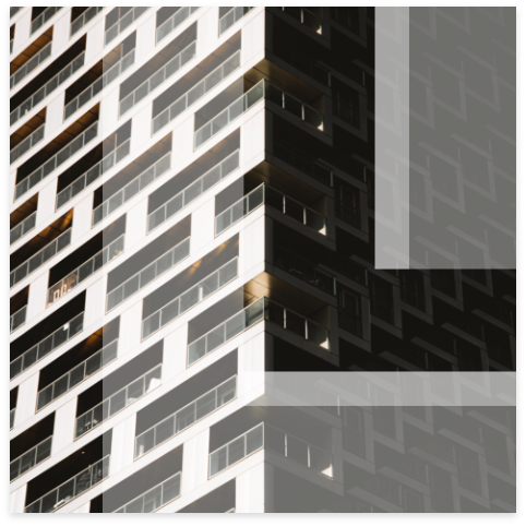Leon logo overlay on modern apartment building with balconies.