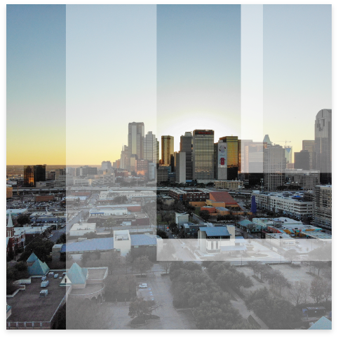Leon logo overlay on city skyline at dusk.